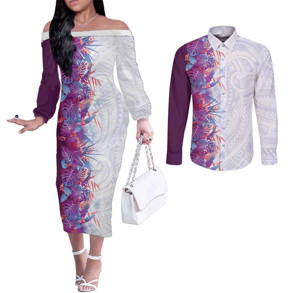 Hawaii Tropical Plant Poni Couples Matching Off The Shoulder Long Sleeve Dress and Long Sleeve Button Shirt Vibrant Polynesian Pattern LT01 Purple - Polynesian Pride