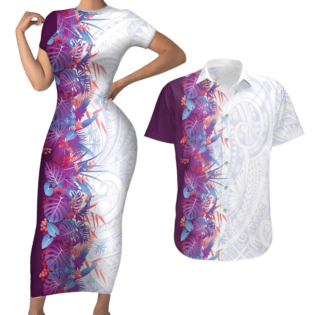 Hawaii Tropical Plant Poni Couples Matching Short Sleeve Bodycon Dress and Hawaiian Shirt Vibrant Polynesian Pattern LT01 Purple - Polynesian Pride