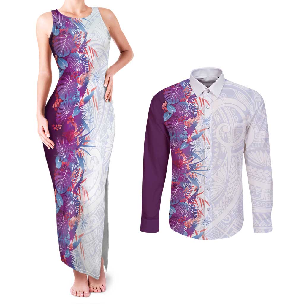 Hawaii Tropical Plant Poni Couples Matching Tank Maxi Dress and Long Sleeve Button Shirt Vibrant Polynesian Pattern LT01 Purple - Polynesian Pride
