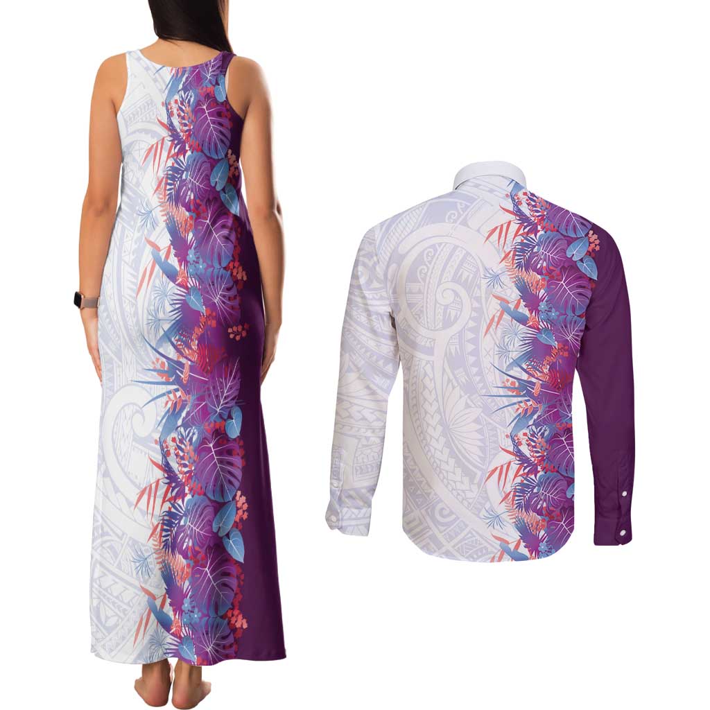 Hawaii Tropical Plant Poni Couples Matching Tank Maxi Dress and Long Sleeve Button Shirt Vibrant Polynesian Pattern LT01 - Polynesian Pride