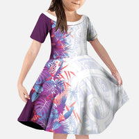 Hawaii Tropical Plant Poni Family Matching Off The Shoulder Long Sleeve Dress and Hawaiian Shirt Vibrant Polynesian Pattern