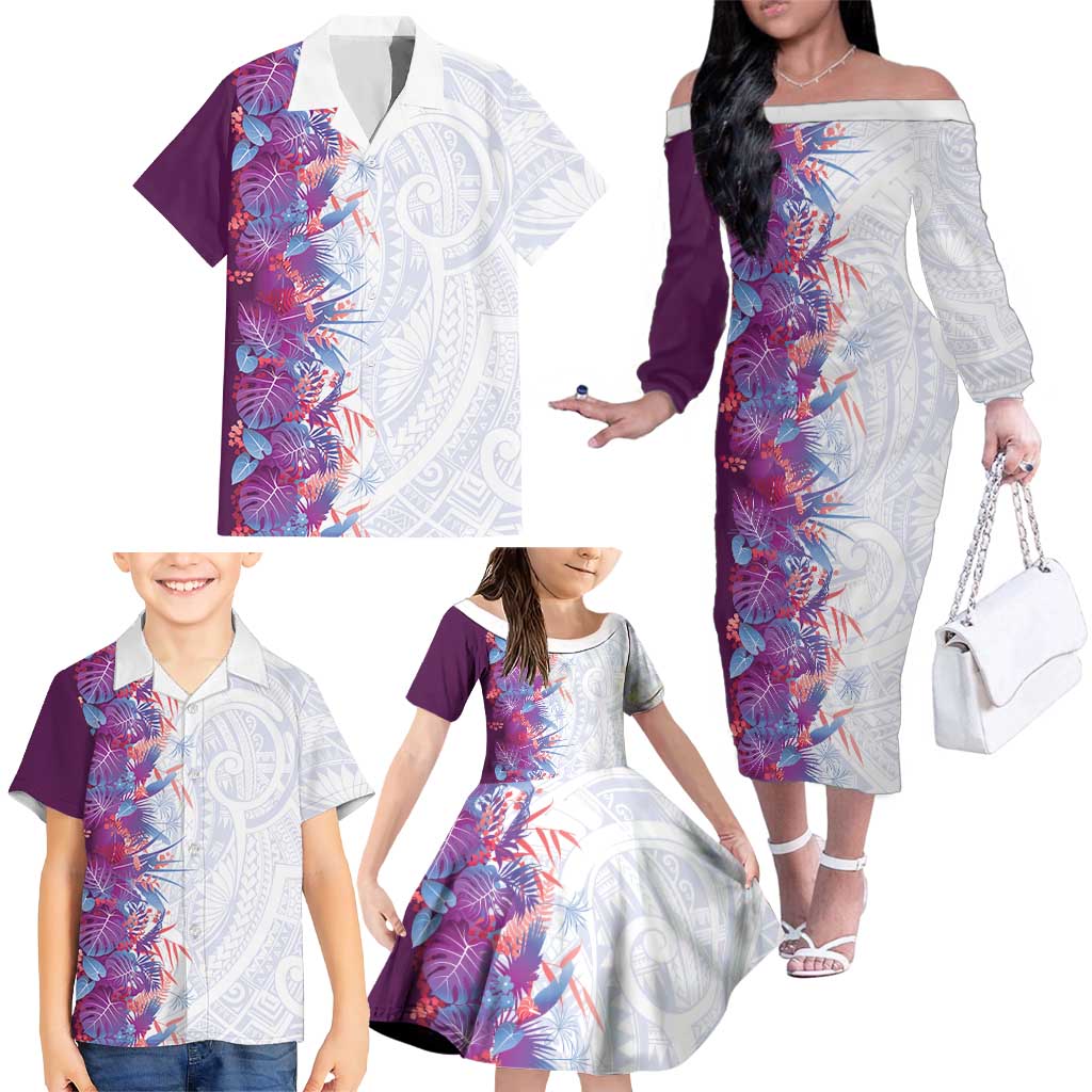 Hawaii Tropical Plant Poni Family Matching Off The Shoulder Long Sleeve Dress and Hawaiian Shirt Vibrant Polynesian Pattern LT01 - Polynesian Pride