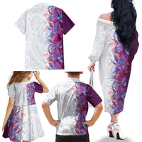Hawaii Tropical Plant Poni Family Matching Off The Shoulder Long Sleeve Dress and Hawaiian Shirt Vibrant Polynesian Pattern