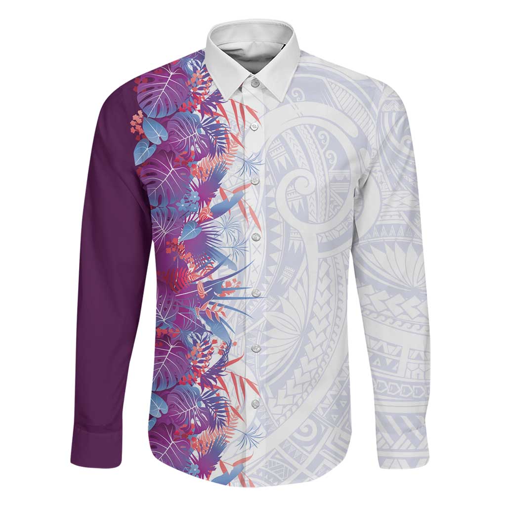 Hawaii Tropical Plant Poni Family Matching Off The Shoulder Long Sleeve Dress and Hawaiian Shirt Vibrant Polynesian Pattern