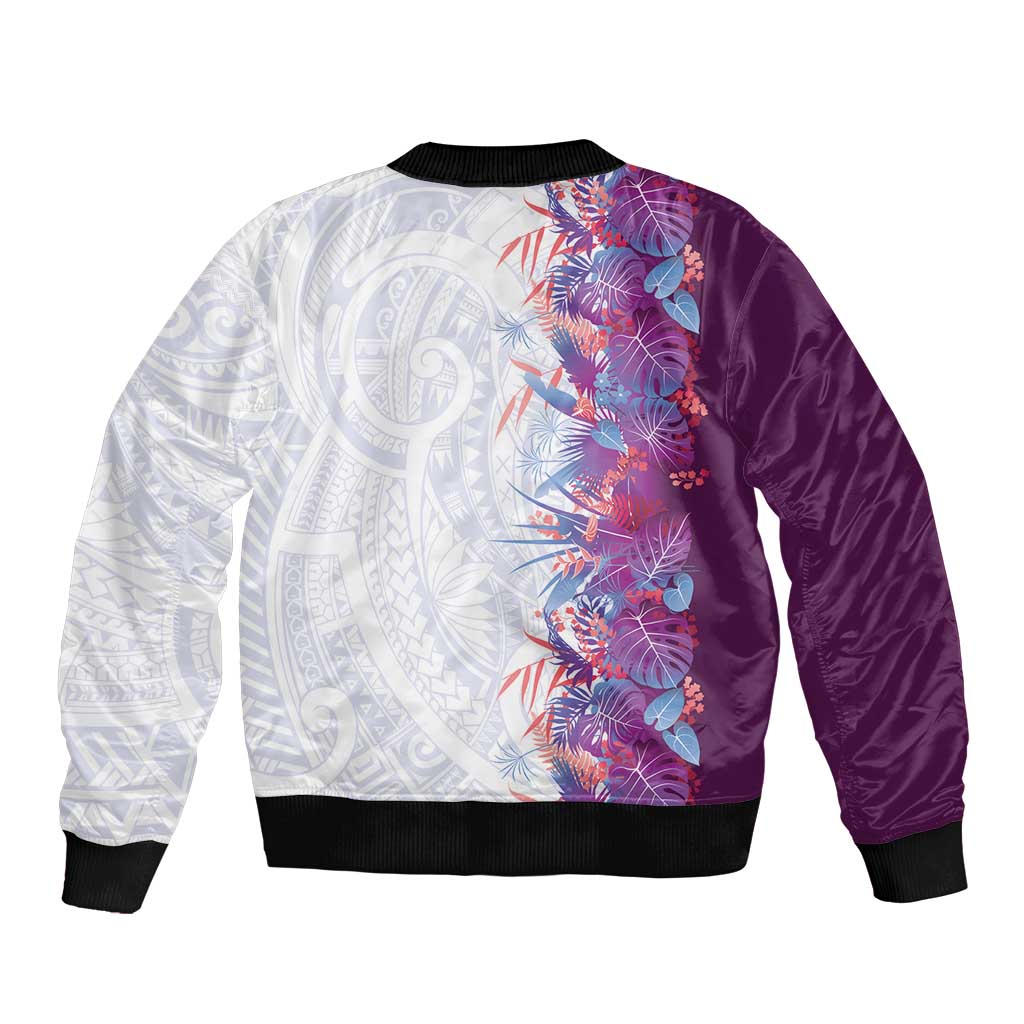 Hawaii Tropical Plant Poni Sleeve Zip Bomber Jacket Vibrant Polynesian Pattern