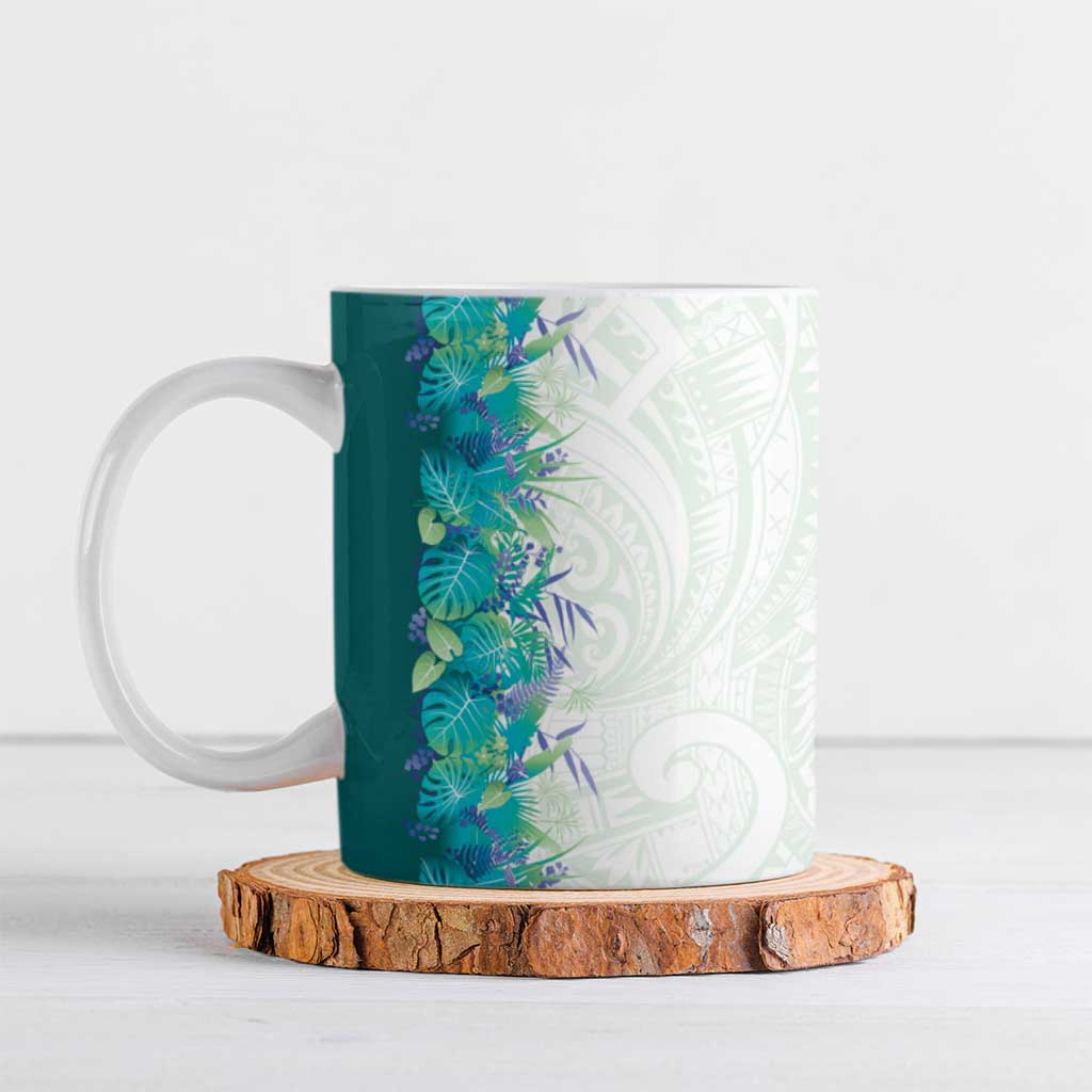 Hawaii Tropical Plant Teal Ceramic Mug Vibrant Polynesian Pattern