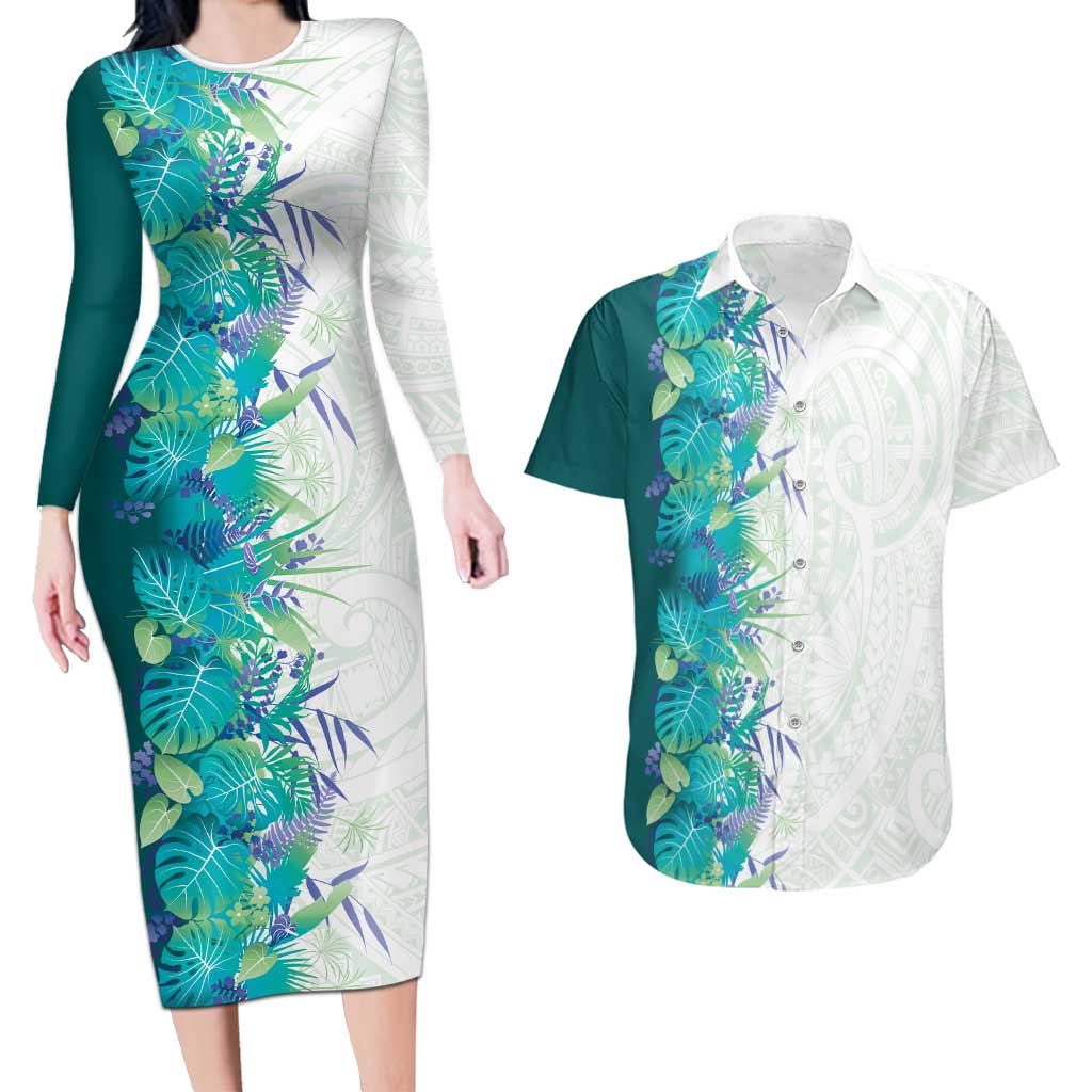 Hawaii Tropical Plant Teal Couples Matching Long Sleeve Bodycon Dress and Hawaiian Shirt Vibrant Polynesian Pattern LT01 Teal - Polynesian Pride
