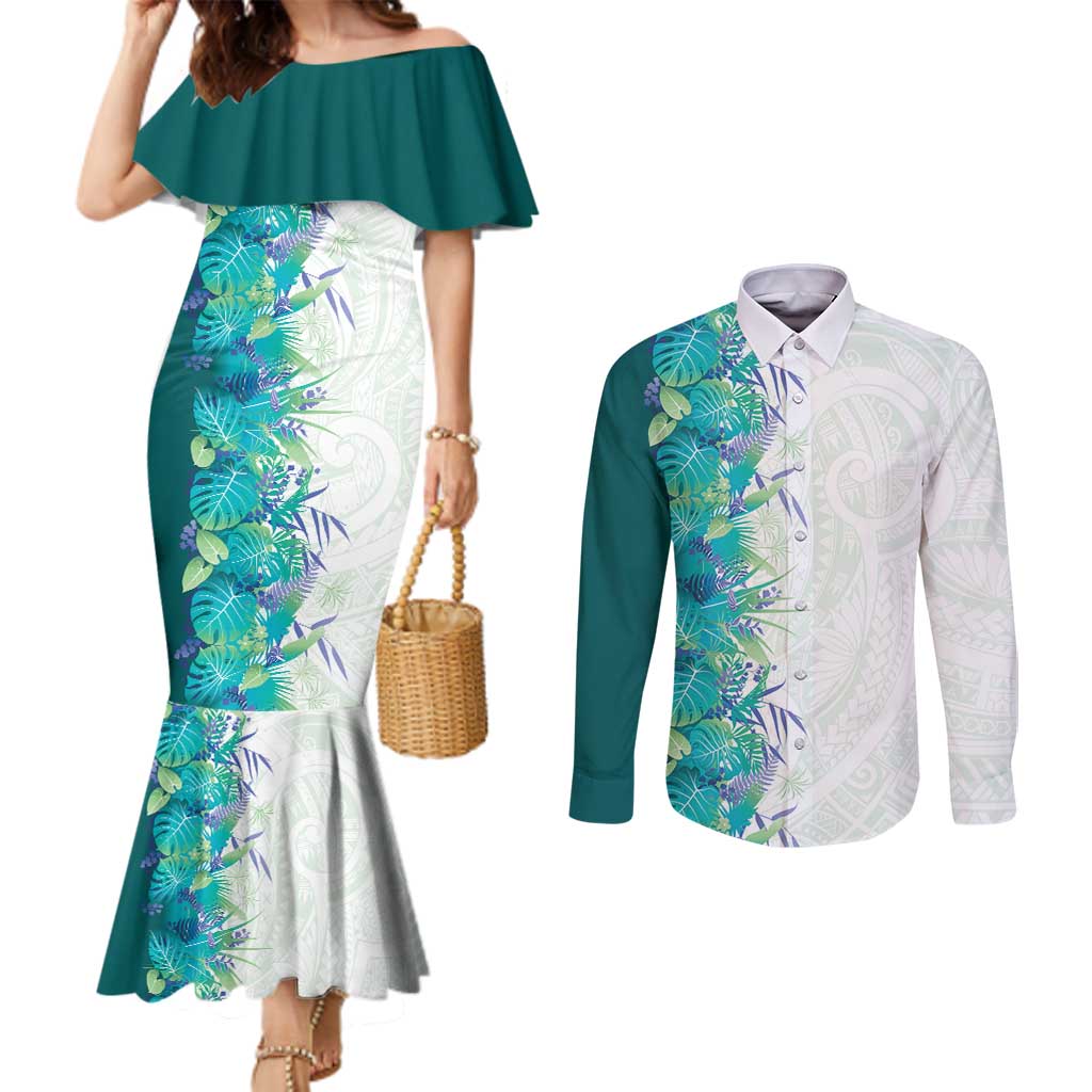 Hawaii Tropical Plant Teal Couples Matching Mermaid Dress and Long Sleeve Button Shirt Vibrant Polynesian Pattern LT01 Teal - Polynesian Pride