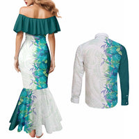 Hawaii Tropical Plant Teal Couples Matching Mermaid Dress and Long Sleeve Button Shirt Vibrant Polynesian Pattern LT01 - Polynesian Pride