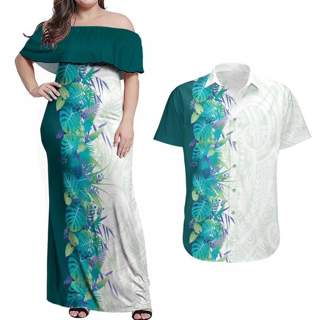 Hawaii Tropical Plant Teal Couples Matching Off Shoulder Maxi Dress and Hawaiian Shirt Vibrant Polynesian Pattern LT01 Teal - Polynesian Pride