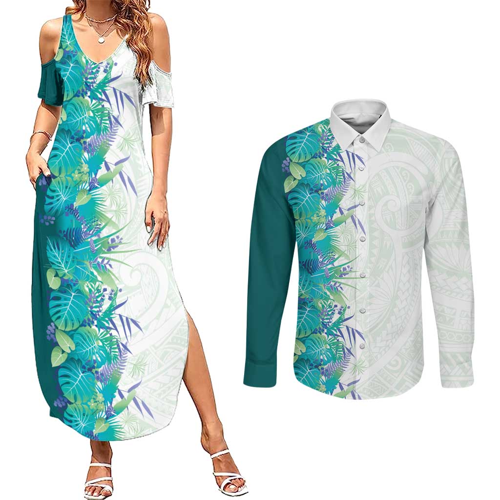 Hawaii Tropical Plant Teal Couples Matching Summer Maxi Dress and Long Sleeve Button Shirt Vibrant Polynesian Pattern LT01 Teal - Polynesian Pride