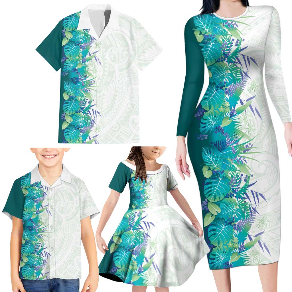 Hawaii Tropical Plant Teal Family Matching Long Sleeve Bodycon Dress and Hawaiian Shirt Vibrant Polynesian Pattern LT01 - Polynesian Pride
