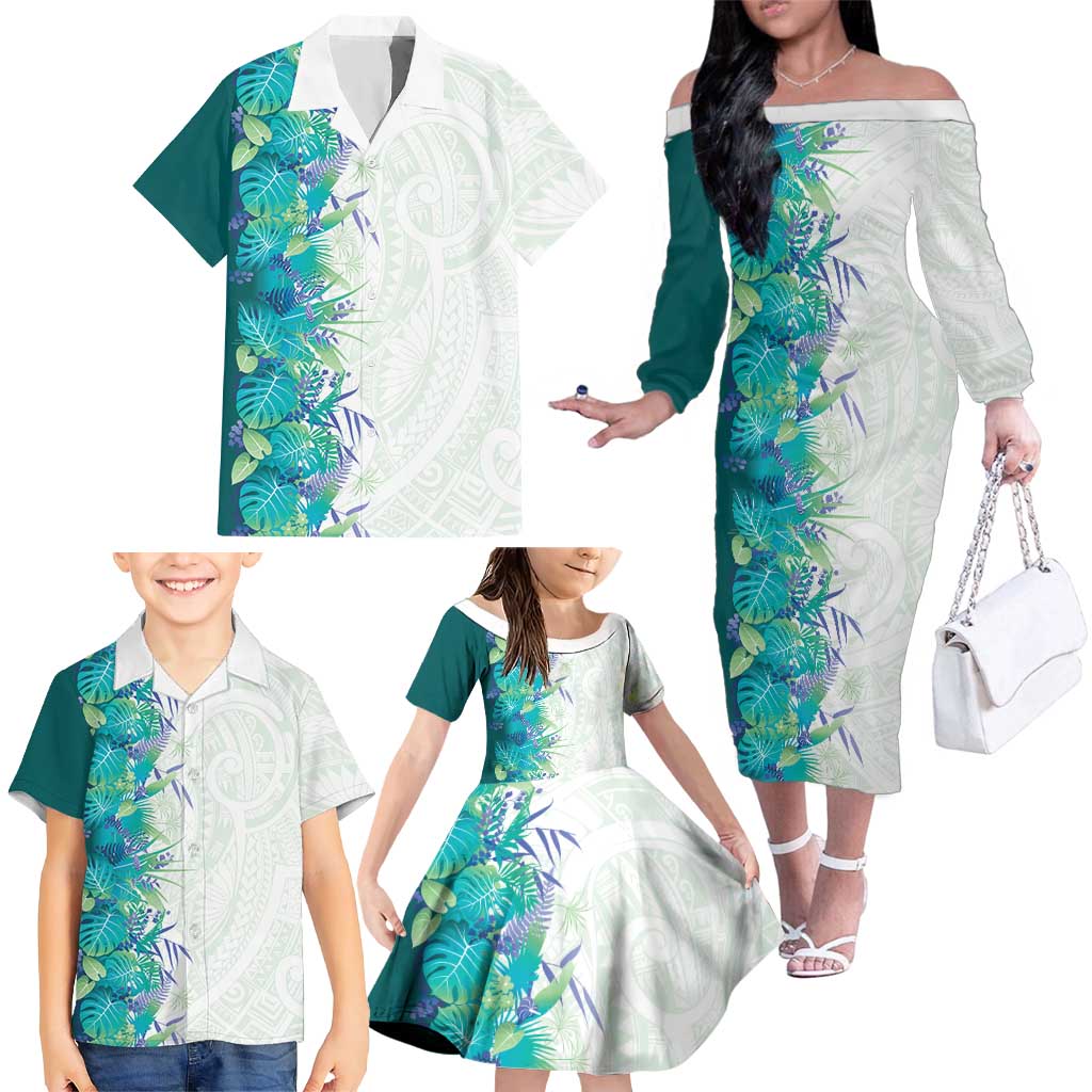 Hawaii Tropical Plant Teal Family Matching Off The Shoulder Long Sleeve Dress and Hawaiian Shirt Vibrant Polynesian Pattern LT01 - Polynesian Pride