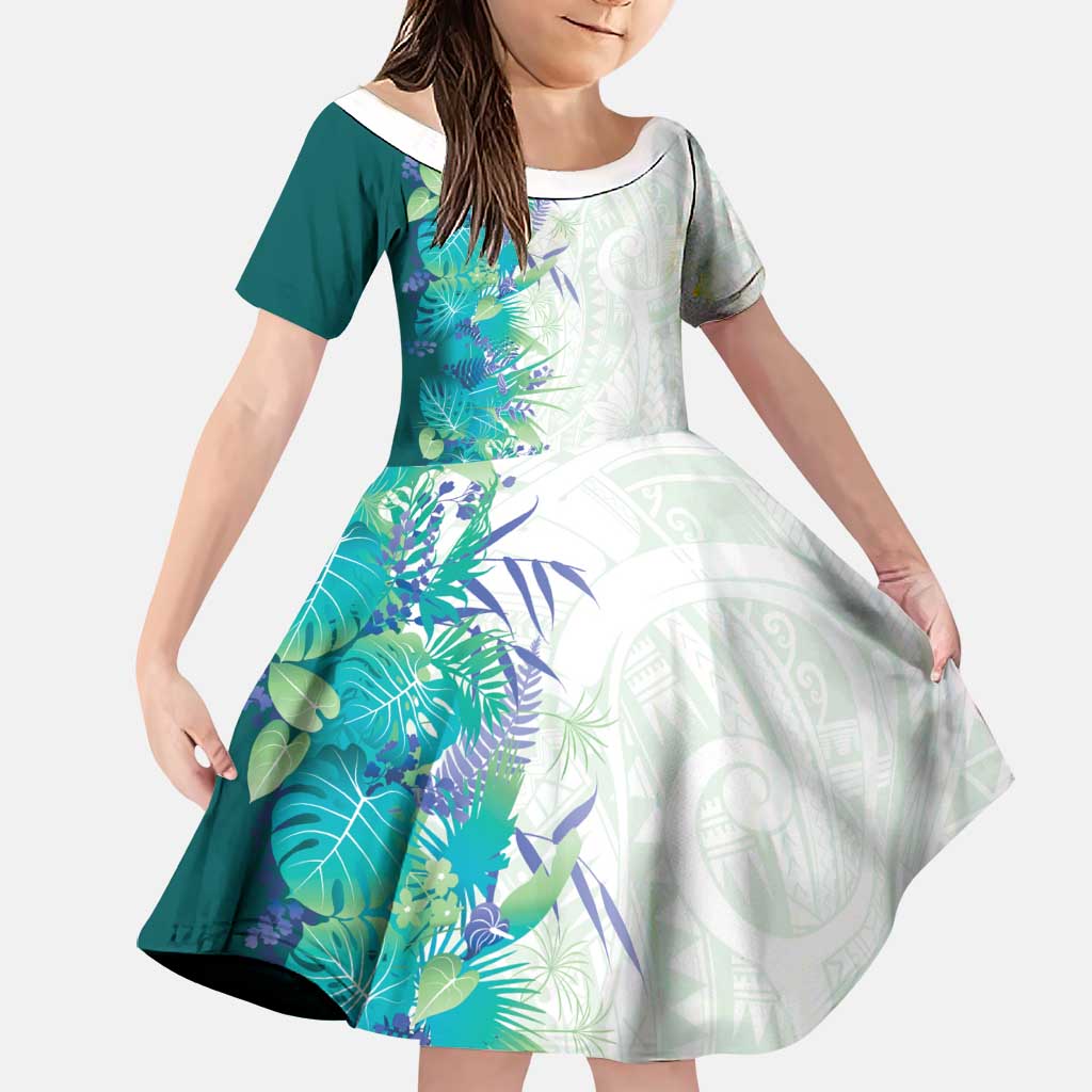 Hawaii Tropical Plant Teal Family Matching Off Shoulder Maxi Dress and Hawaiian Shirt Vibrant Polynesian Pattern LT01 Daughter's Dress Teal - Polynesian Pride
