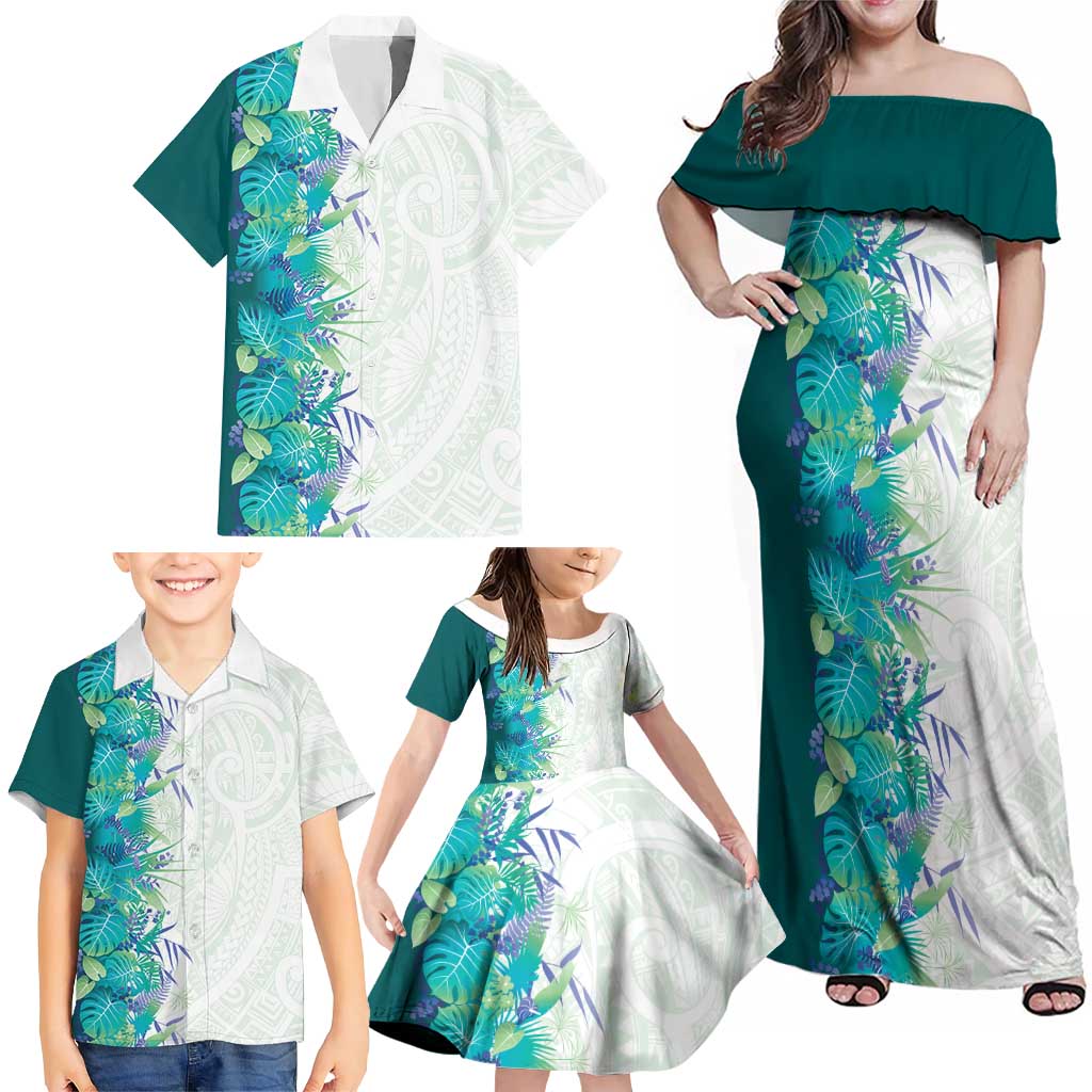 Hawaii Tropical Plant Teal Family Matching Off Shoulder Maxi Dress and Hawaiian Shirt Vibrant Polynesian Pattern LT01 - Polynesian Pride