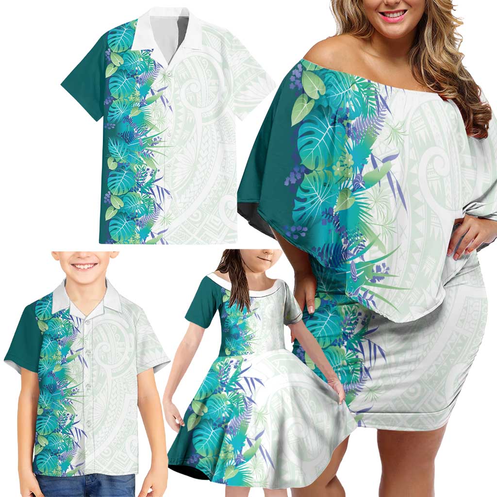 Hawaii Tropical Plant Teal Family Matching Off Shoulder Short Dress and Hawaiian Shirt Vibrant Polynesian Pattern LT01 - Polynesian Pride