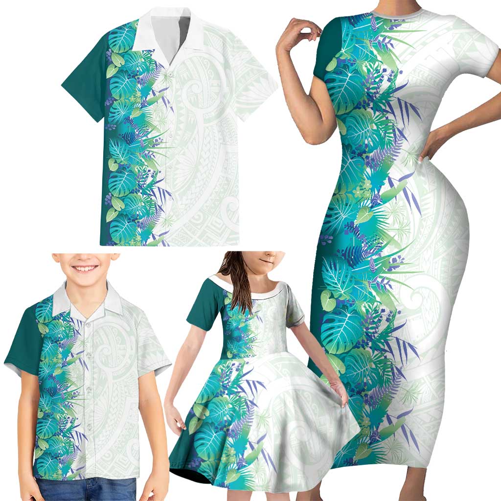Hawaii Tropical Plant Teal Family Matching Short Sleeve Bodycon Dress and Hawaiian Shirt Vibrant Polynesian Pattern LT01 - Polynesian Pride