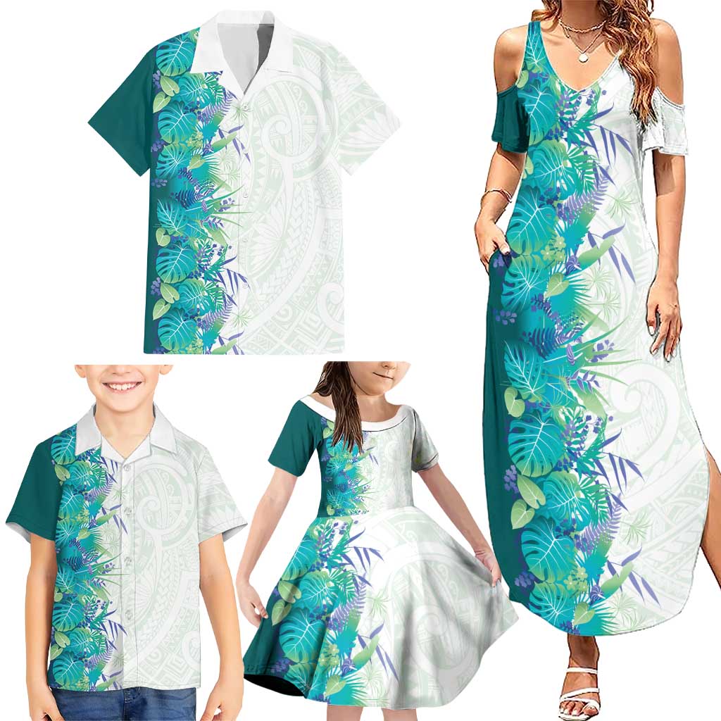 Hawaii Tropical Plant Teal Family Matching Summer Maxi Dress and Hawaiian Shirt Vibrant Polynesian Pattern LT01 - Polynesian Pride