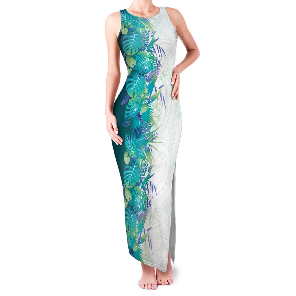 Hawaii Tropical Plant Teal Family Matching Tank Maxi Dress and Hawaiian Shirt Vibrant Polynesian Pattern