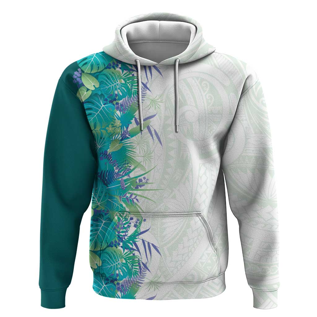 Hawaii Tropical Plant Teal Hoodie Vibrant Polynesian Pattern