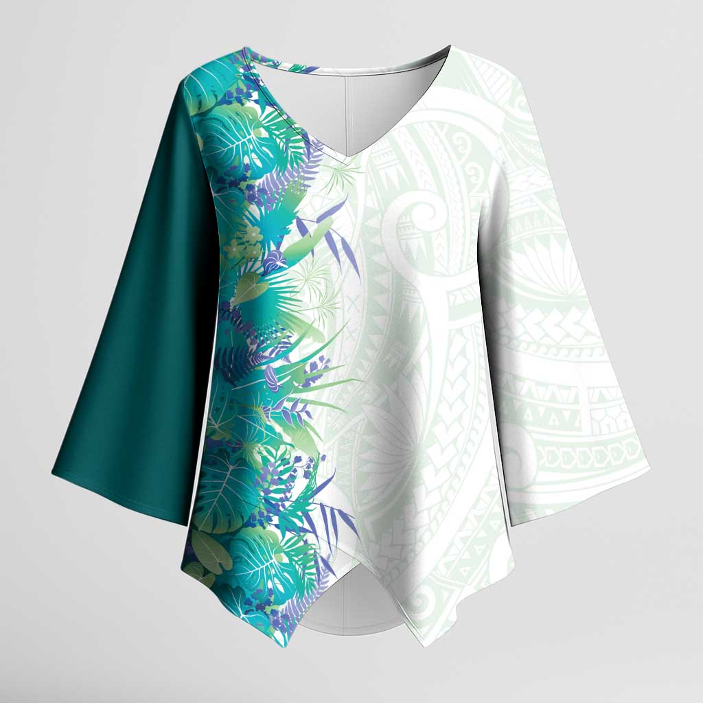 Hawaii Tropical Plant Teal Kimono Sleeve Blouse Vibrant Polynesian Pattern