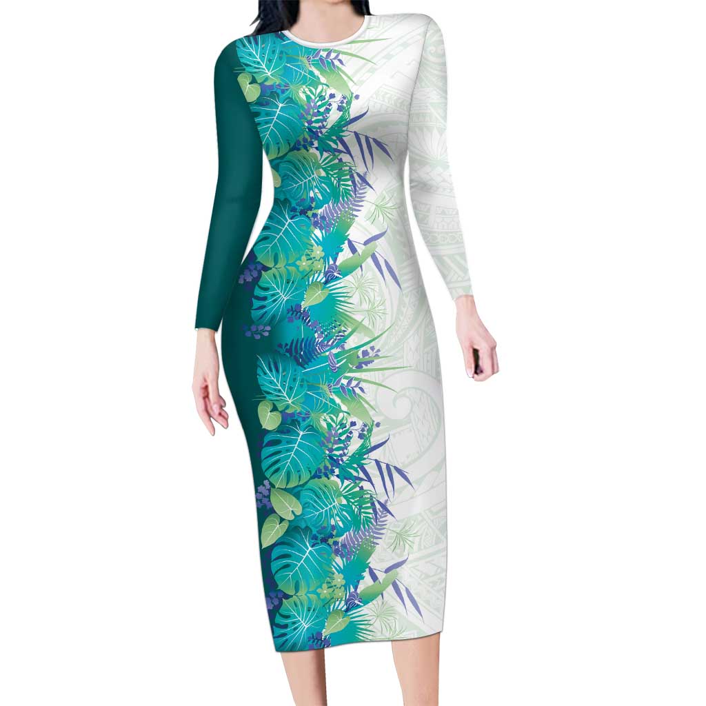 Hawaii Tropical Plant Teal Long Sleeve Bodycon Dress Vibrant Polynesian Pattern LT01 Long Dress Teal - Polynesian Pride