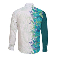 Hawaii Tropical Plant Teal Long Sleeve Button Shirt Vibrant Polynesian Pattern
