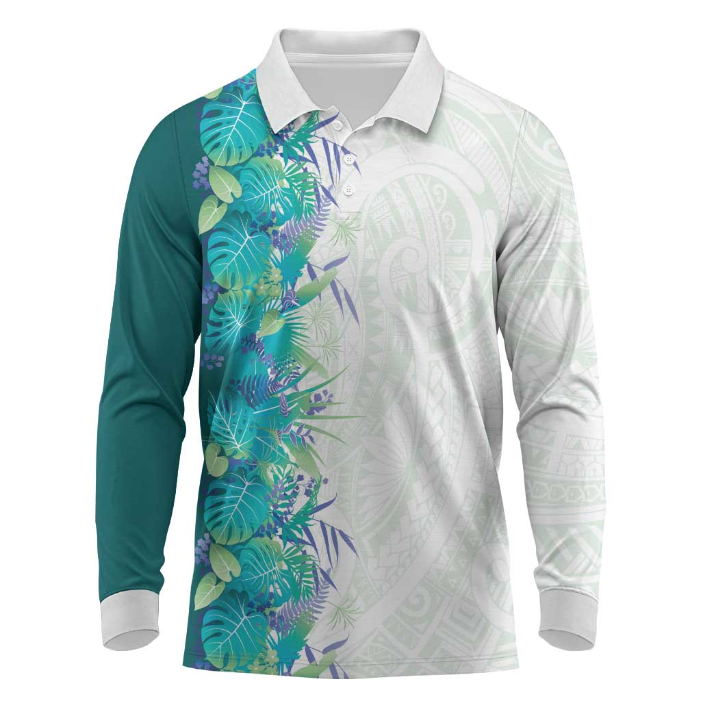 Hawaii Tropical Plant Teal Long Sleeve Polo Shirt Vibrant Polynesian Pattern