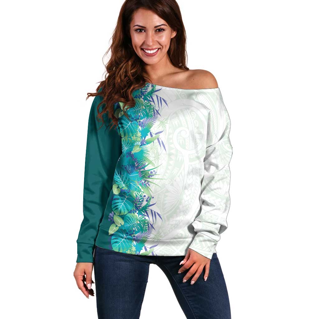 Hawaii Tropical Plant Teal Off Shoulder Sweater Vibrant Polynesian Pattern