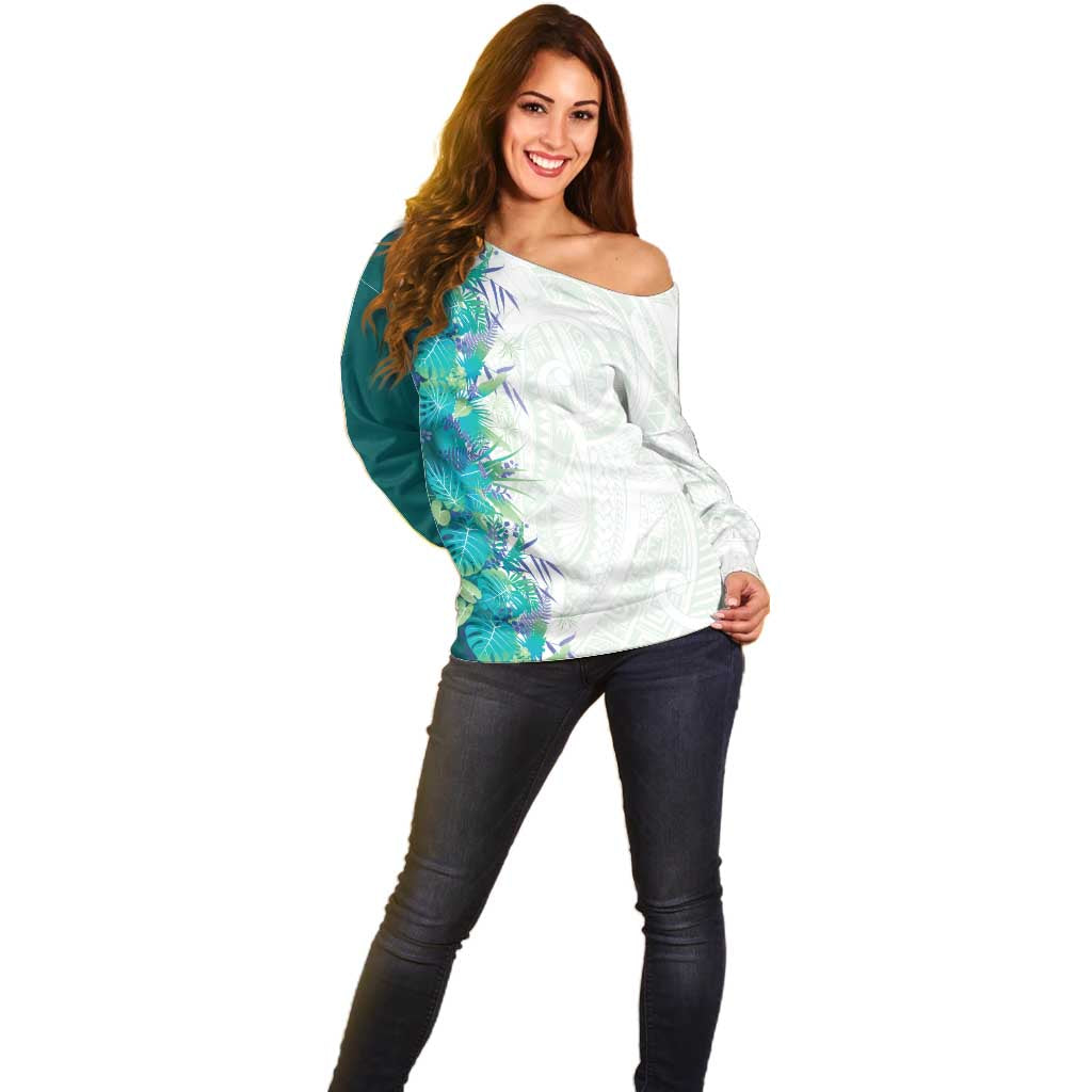 Hawaii Tropical Plant Teal Off Shoulder Sweater Vibrant Polynesian Pattern
