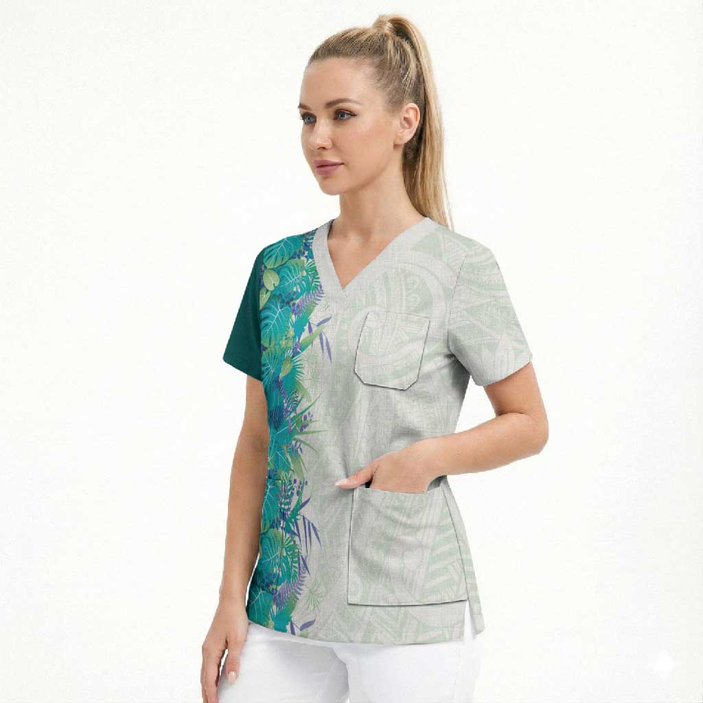 Hawaii Tropical Plant Teal Scrub Top Vibrant Polynesian Pattern