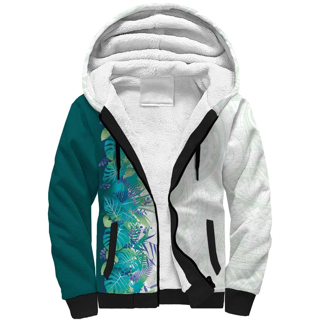 Hawaii Tropical Plant Teal Sherpa Hoodie Vibrant Polynesian Pattern