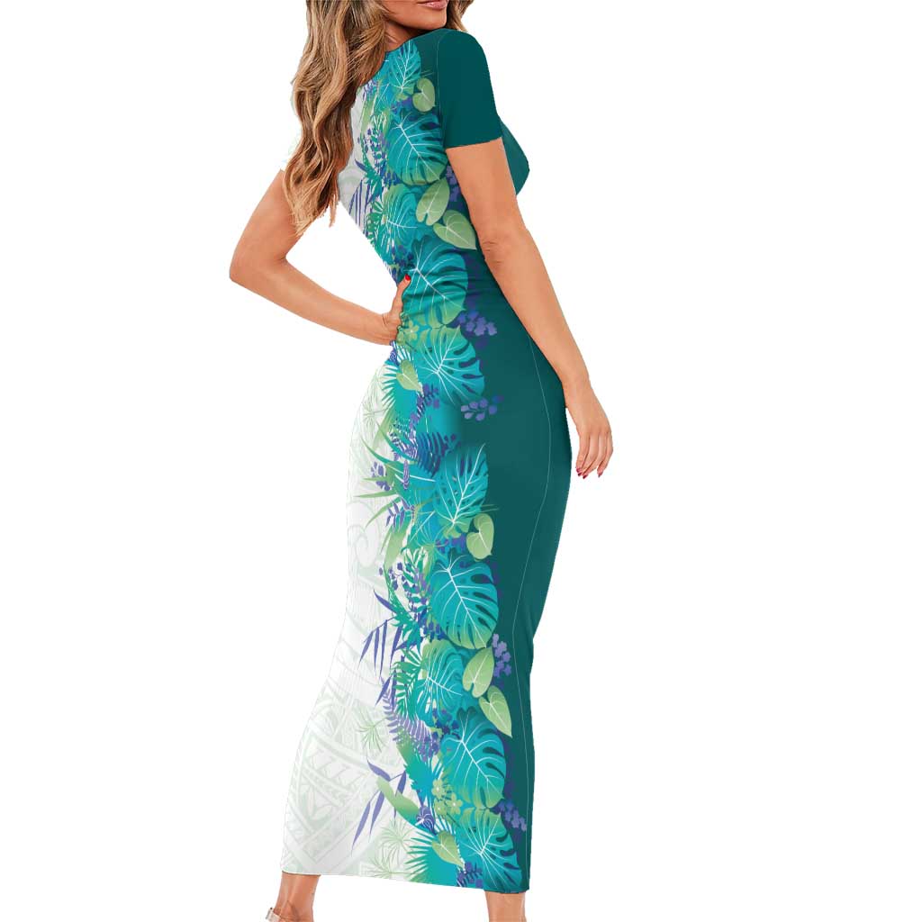 Hawaii Tropical Plant Teal Short Sleeve Bodycon Dress Vibrant Polynesian Pattern LT01 - Polynesian Pride