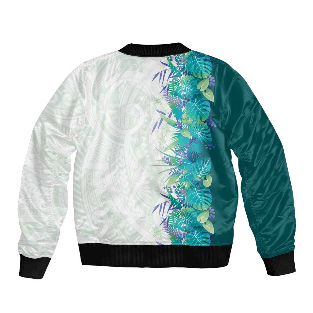 Hawaii Tropical Plant Teal Sleeve Zip Bomber Jacket Vibrant Polynesian Pattern LT01 - Polynesian Pride
