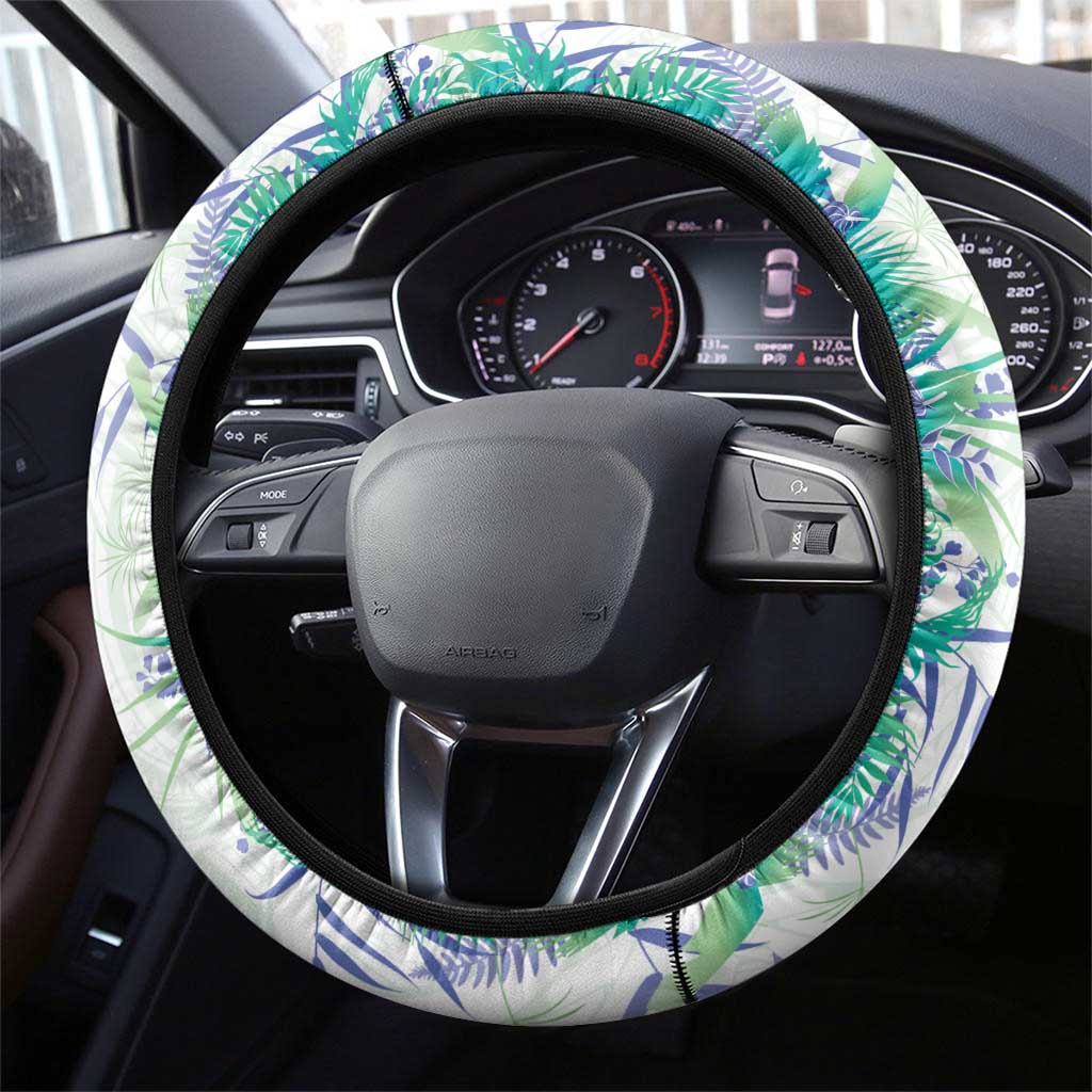 Hawaii Tropical Plant Teal Steering Wheel Cover Vibrant Polynesian Pattern