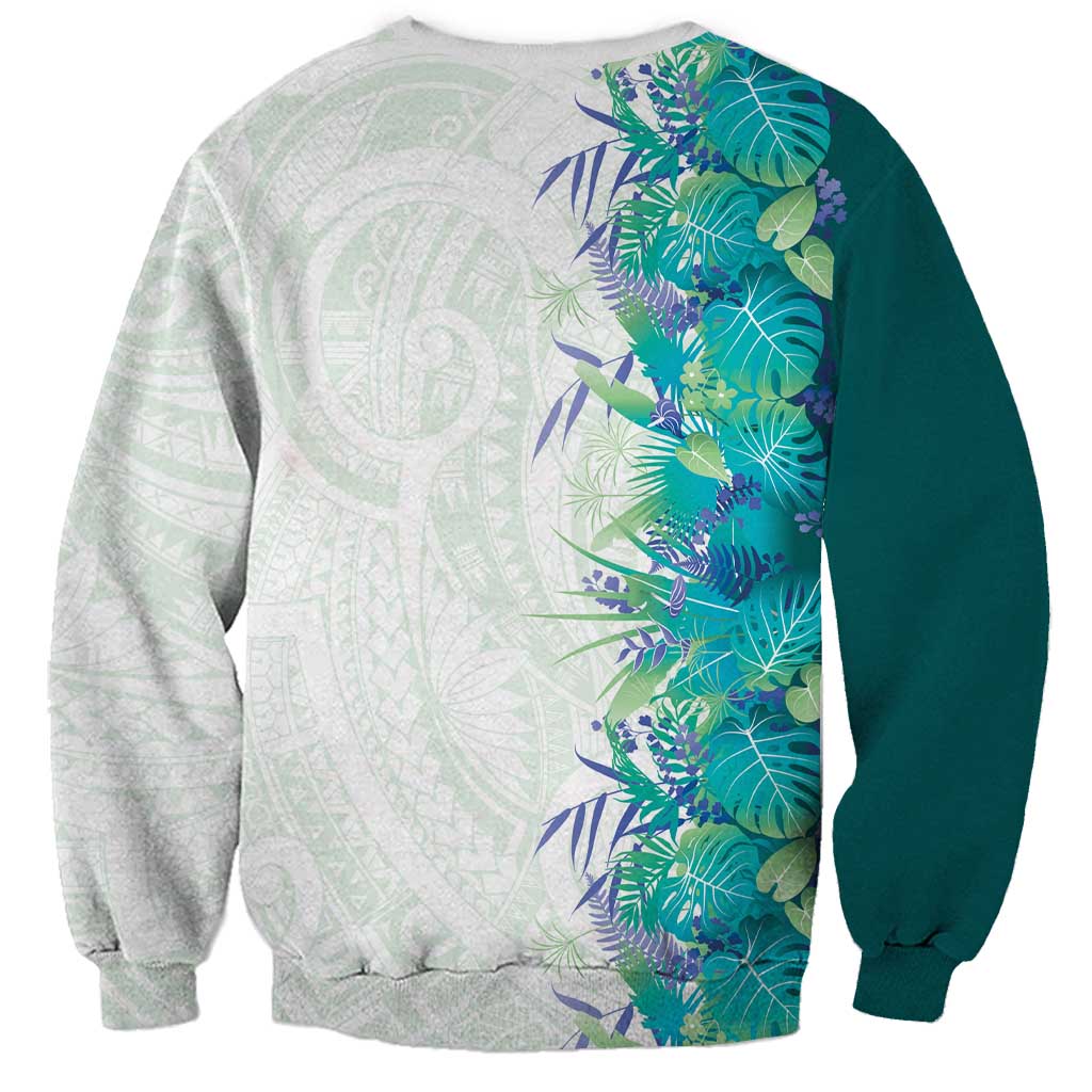 Hawaii Tropical Plant Teal Sweatshirt Vibrant Polynesian Pattern