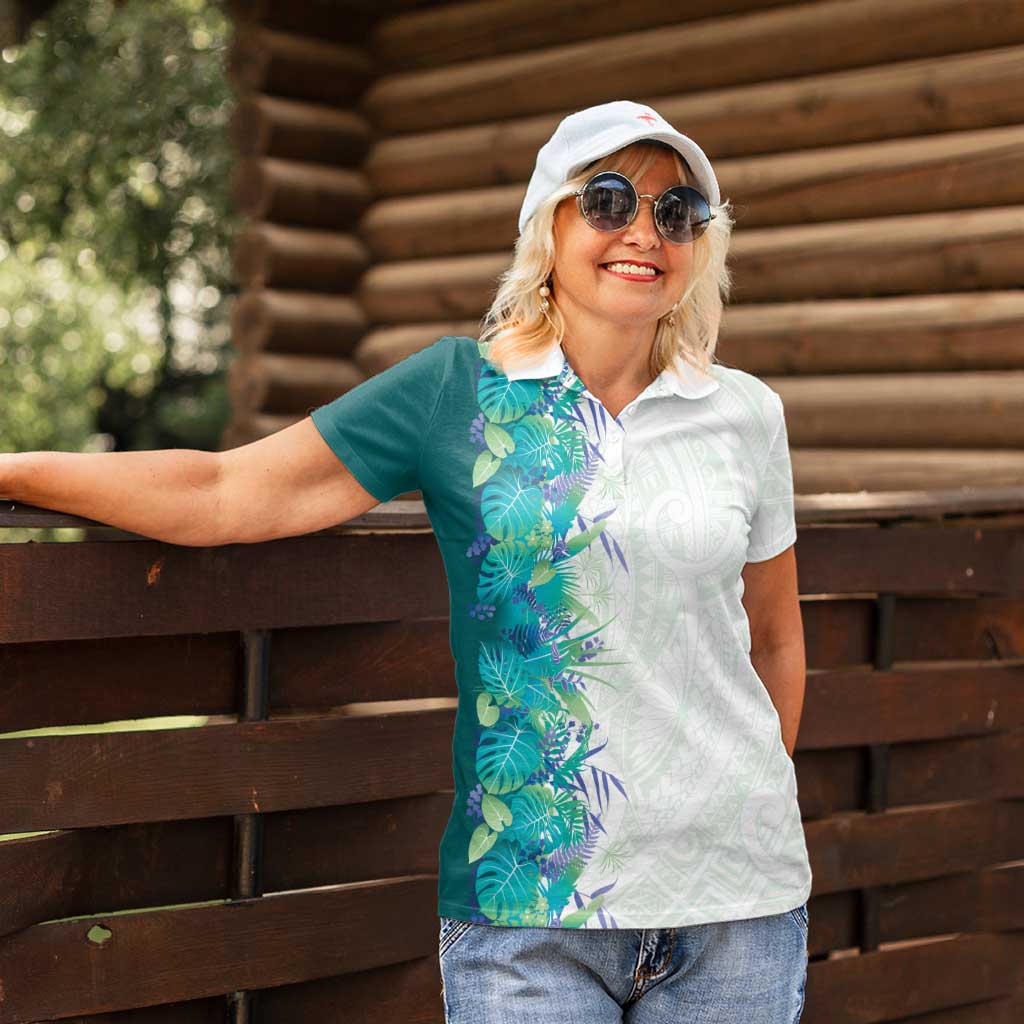 Hawaii Tropical Plant Teal Women Polo Shirt Vibrant Polynesian Pattern