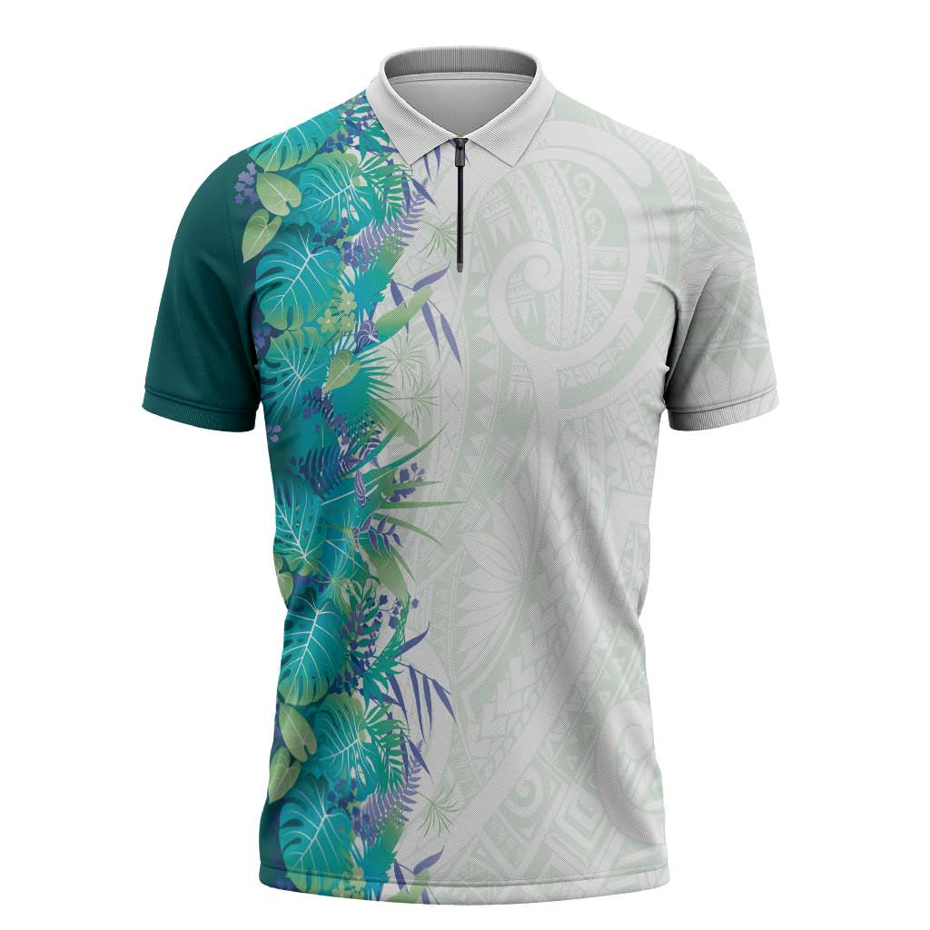 Hawaii Tropical Plant Teal Zipper Polo Shirt Vibrant Polynesian Pattern