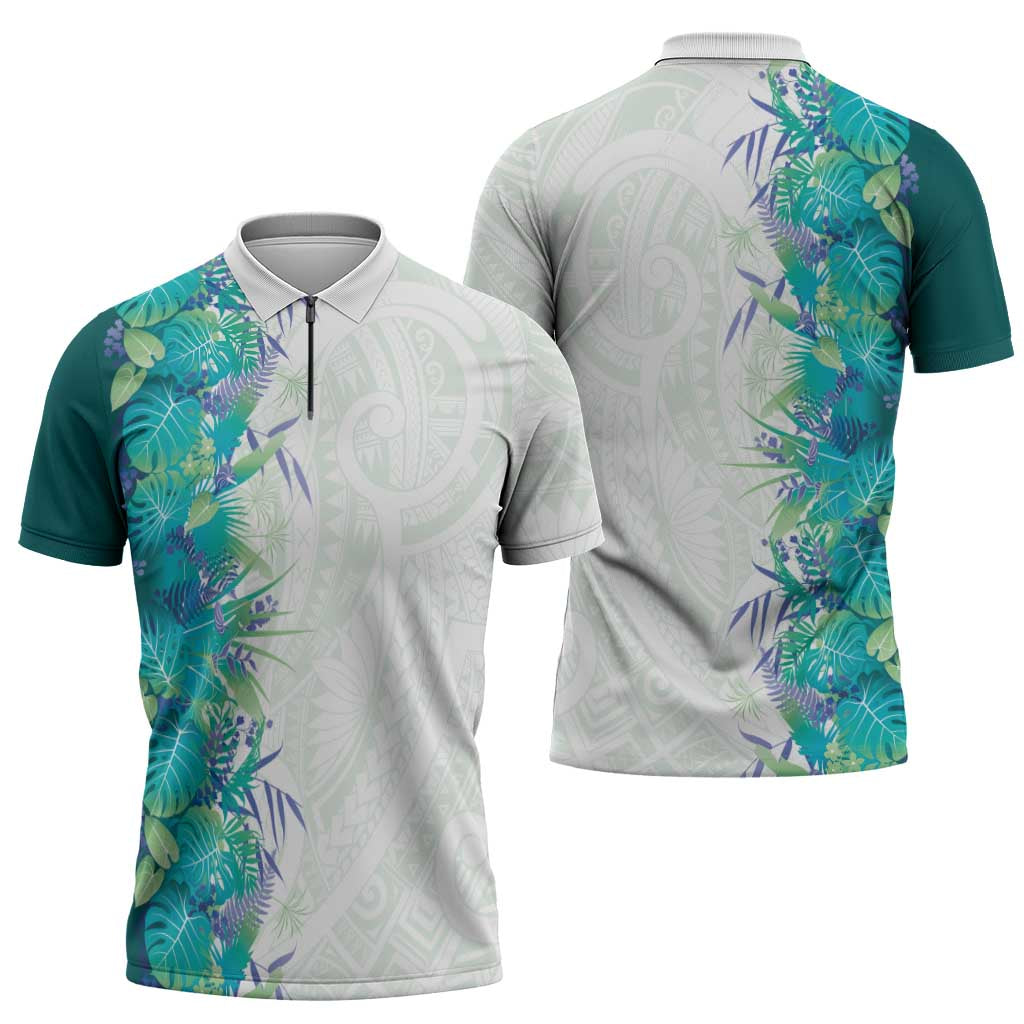 Hawaii Tropical Plant Teal Zipper Polo Shirt Vibrant Polynesian Pattern