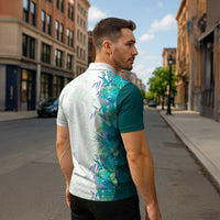 Hawaii Tropical Plant Teal Zipper Polo Shirt Vibrant Polynesian Pattern