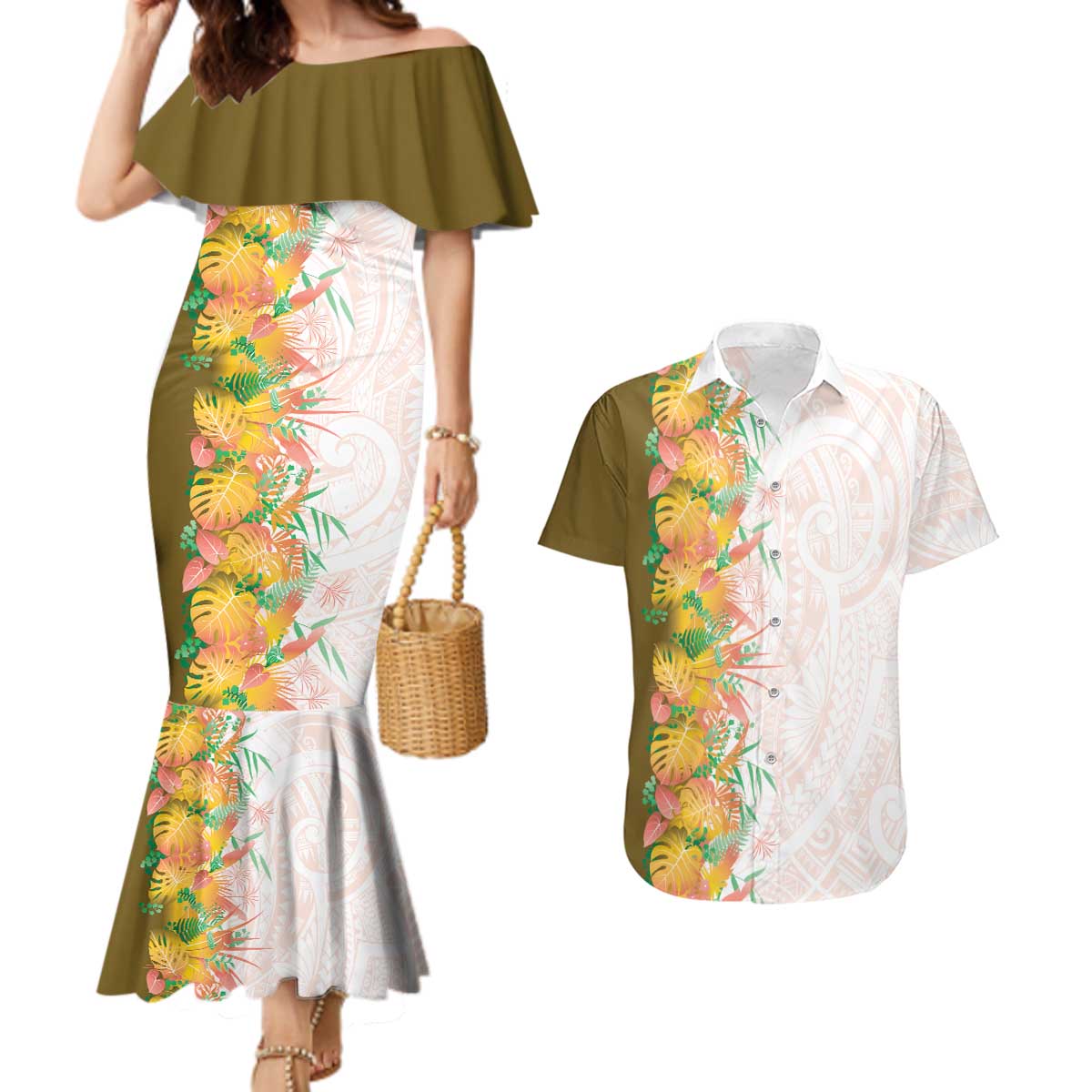 Hawaii Tropical Plant Lenalena Couples Matching Mermaid Dress and Hawaiian Shirt Vibrant Polynesian Pattern LT01 Yellow - Polynesian Pride