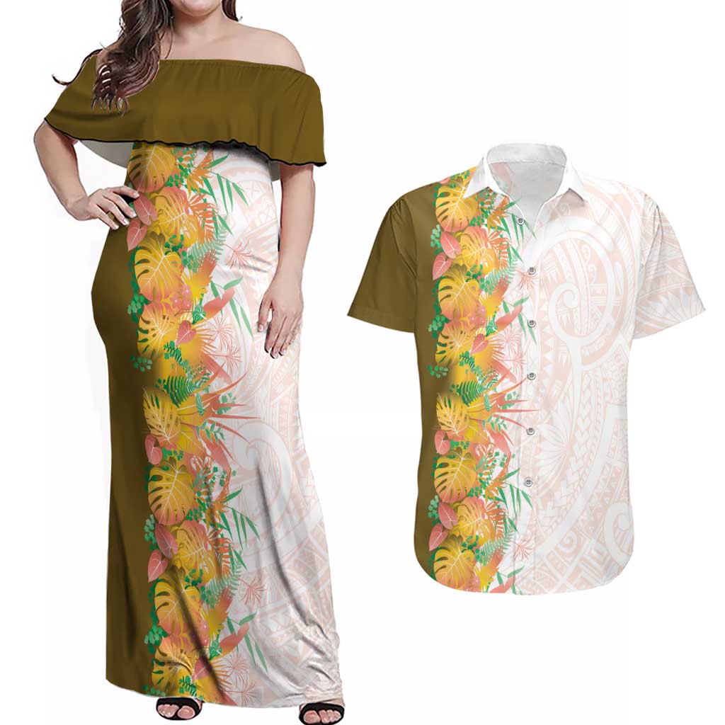 Hawaii Tropical Plant Lenalena Couples Matching Off Shoulder Maxi Dress and Hawaiian Shirt Vibrant Polynesian Pattern LT01 Yellow - Polynesian Pride