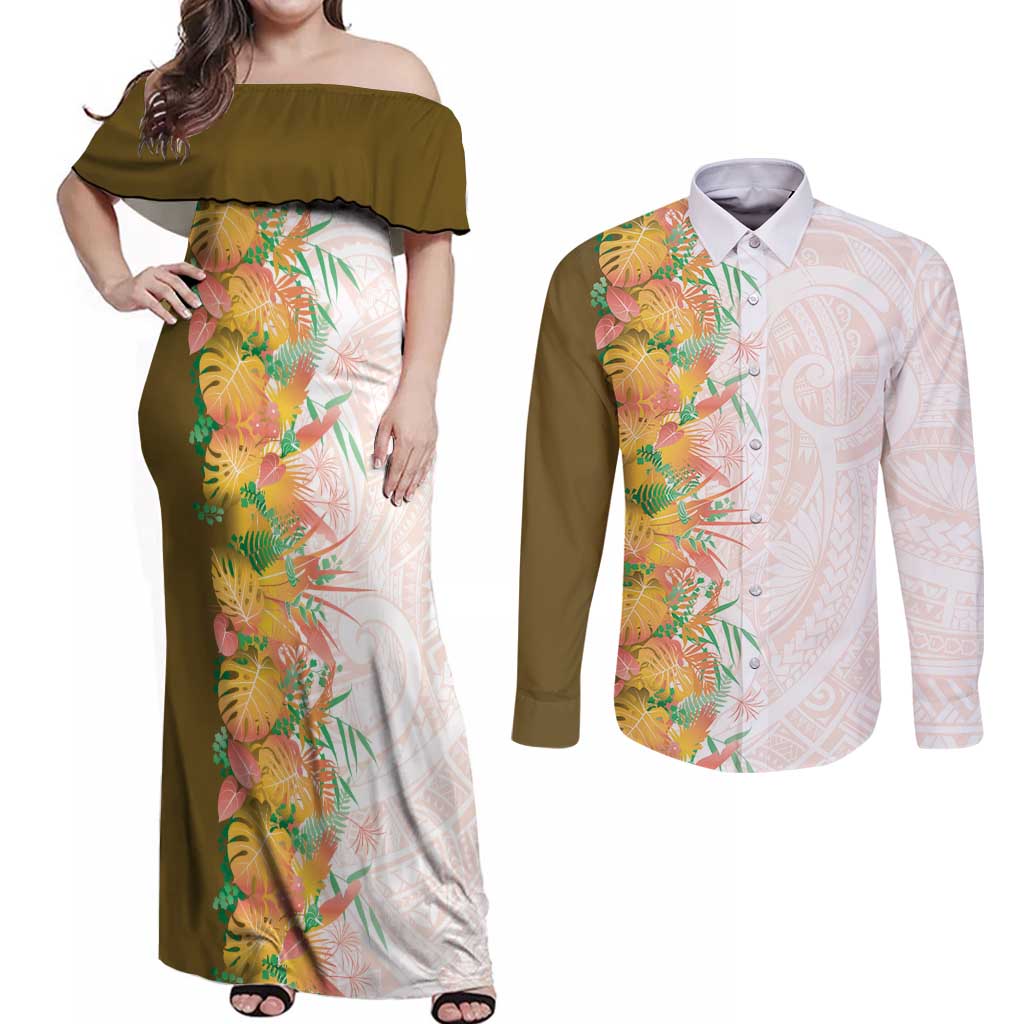 Hawaii Tropical Plant Lenalena Couples Matching Off Shoulder Maxi Dress and Long Sleeve Button Shirt Vibrant Polynesian Pattern LT01 Yellow - Polynesian Pride