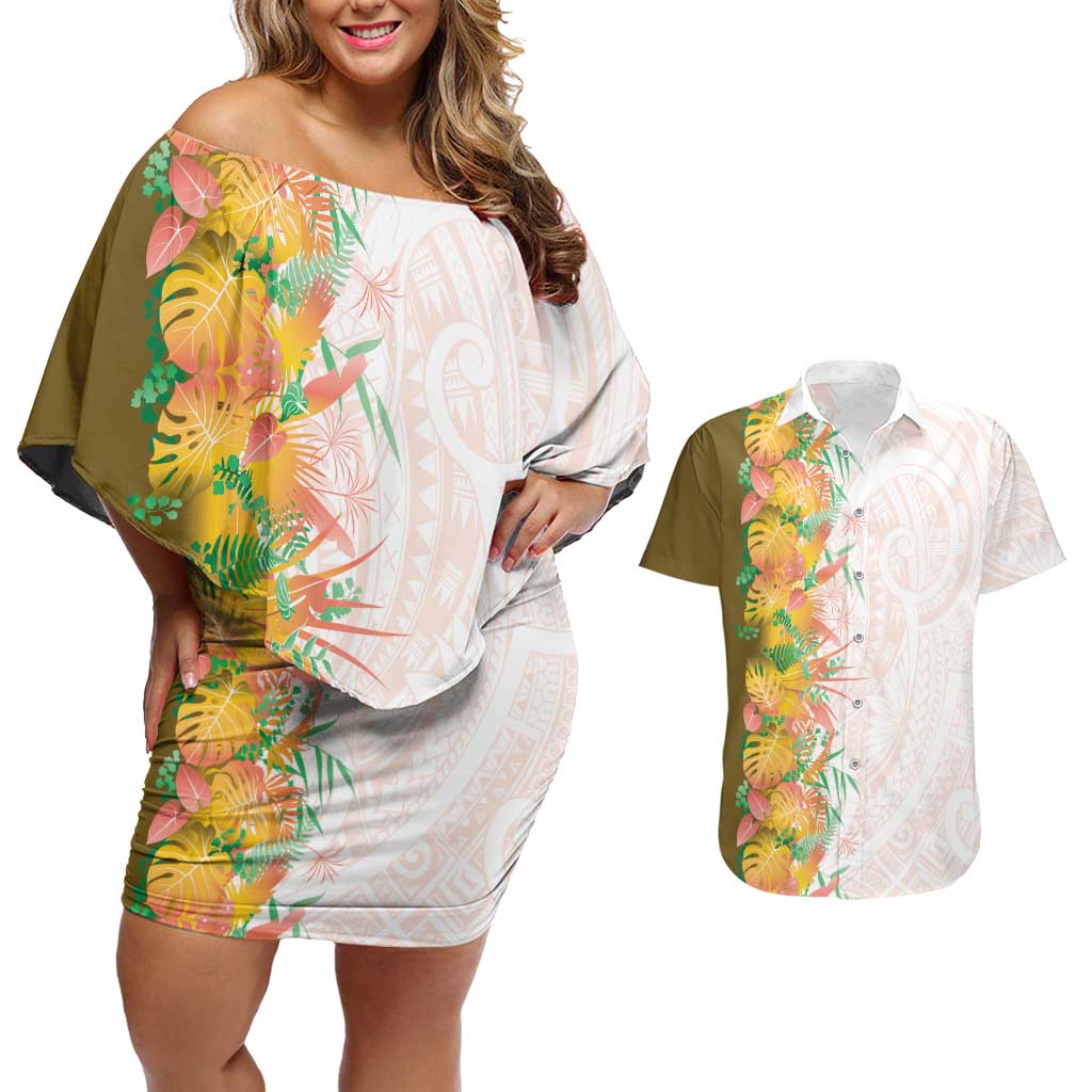 Hawaii Tropical Plant Lenalena Couples Matching Off Shoulder Short Dress and Hawaiian Shirt Vibrant Polynesian Pattern LT01 Yellow - Polynesian Pride