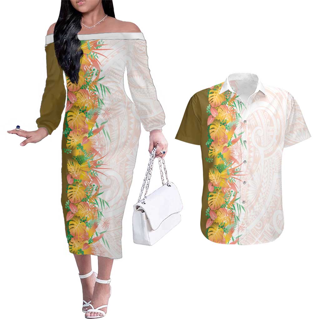 Hawaii Tropical Plant Lenalena Couples Matching Off The Shoulder Long Sleeve Dress and Hawaiian Shirt Vibrant Polynesian Pattern LT01 Yellow - Polynesian Pride