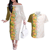 Hawaii Tropical Plant Lenalena Couples Matching Off The Shoulder Long Sleeve Dress and Hawaiian Shirt Vibrant Polynesian Pattern