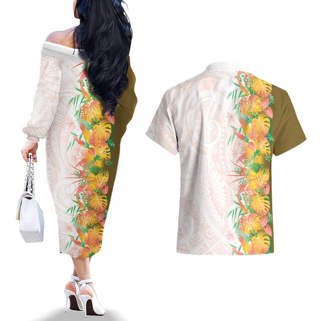 Hawaii Tropical Plant Lenalena Couples Matching Off The Shoulder Long Sleeve Dress and Hawaiian Shirt Vibrant Polynesian Pattern