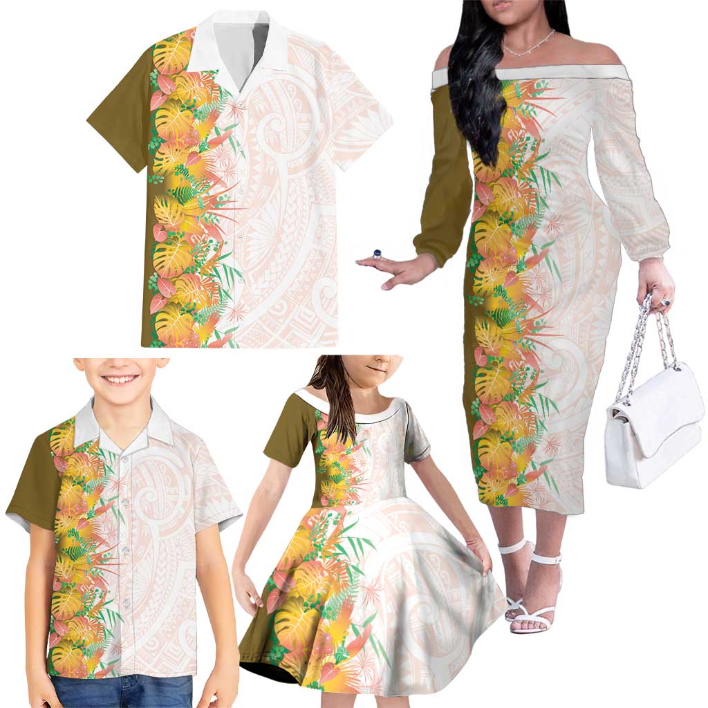 Hawaii Tropical Plant Lenalena Family Matching Off The Shoulder Long Sleeve Dress and Hawaiian Shirt Vibrant Polynesian Pattern