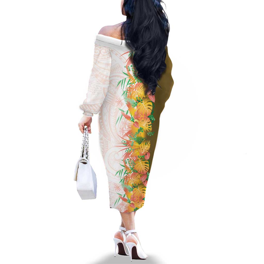 Hawaii Tropical Plant Lenalena Family Matching Off The Shoulder Long Sleeve Dress and Hawaiian Shirt Vibrant Polynesian Pattern