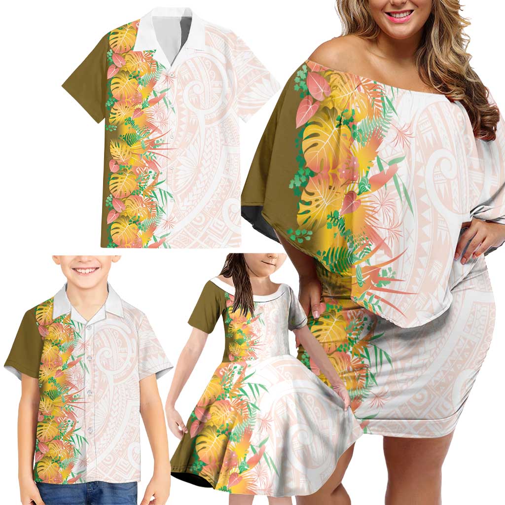 Hawaii Tropical Plant Lenalena Family Matching Off Shoulder Short Dress and Hawaiian Shirt Vibrant Polynesian Pattern